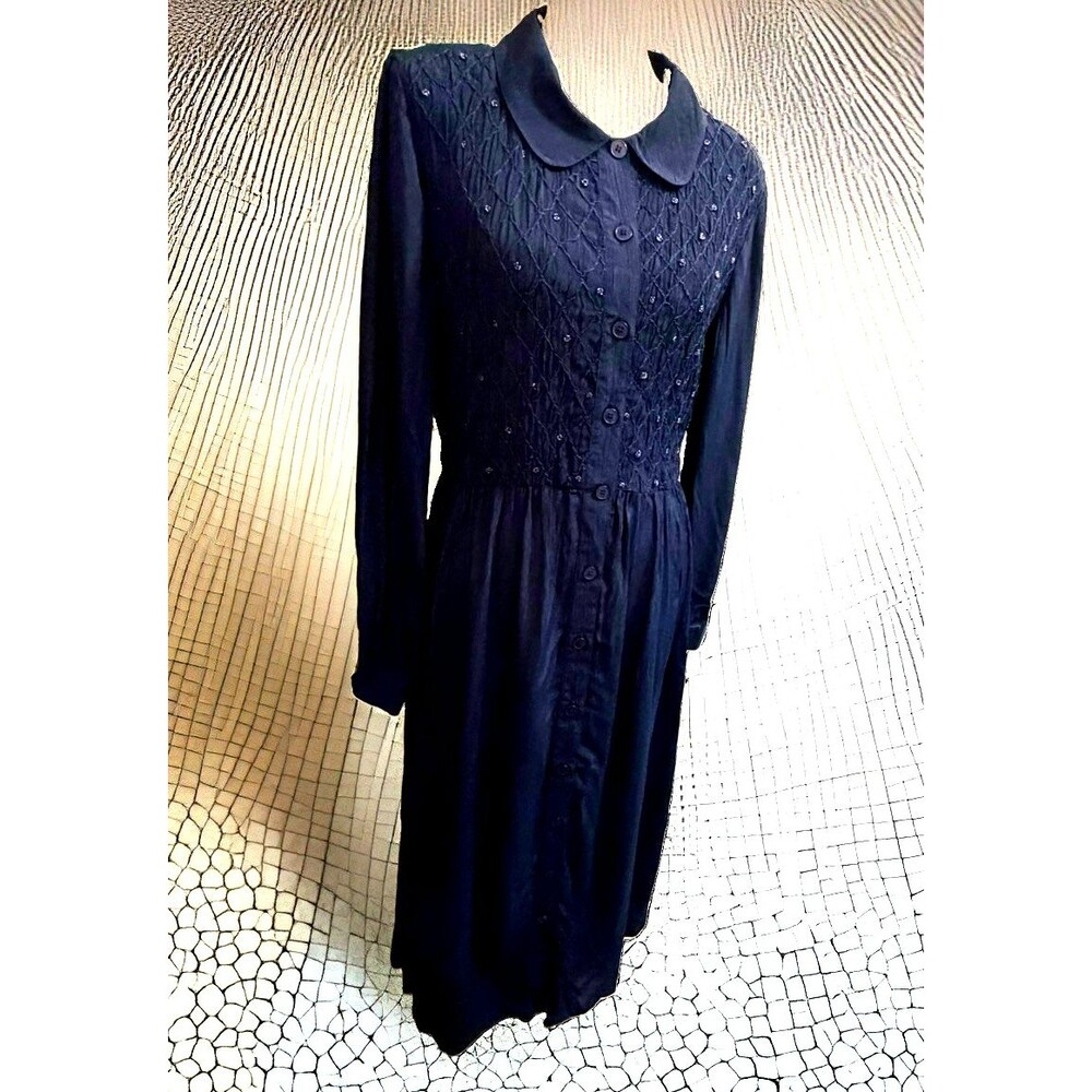 VTG Piccalino Petites Maxi Dress 12P Navy Blue Peter Pan Collar Semi Sheer Smock